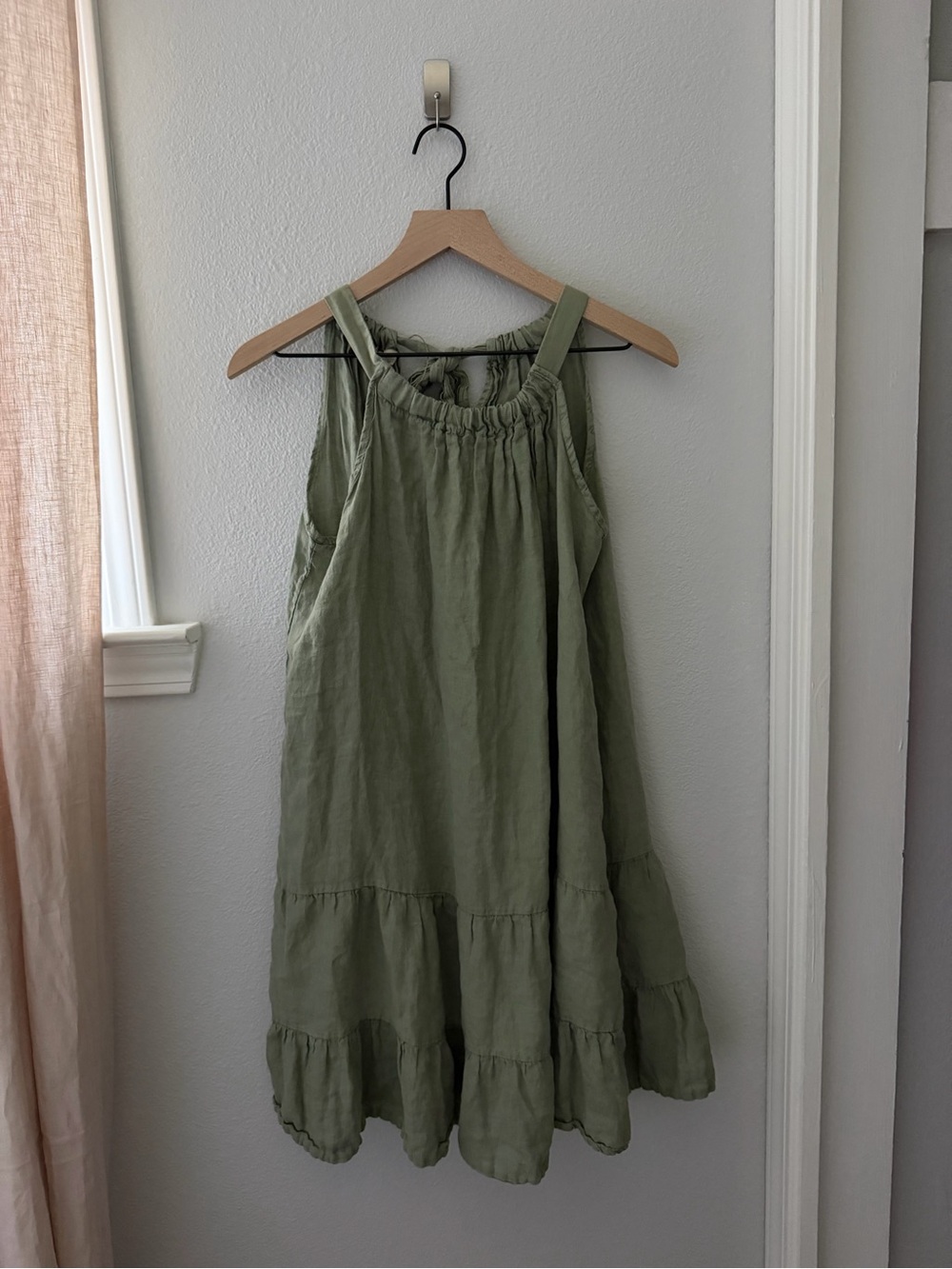 Bellambra Dress Women M Green Linen Swing Ruffle Hem Tie Back Made In Italy